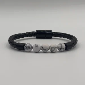 Black Leather Bracelet with White